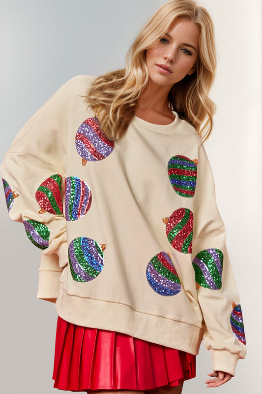 Double Take Christmas Element Sequin Round Neck Long Sleeve Sweatshirt - Fragrance Spice