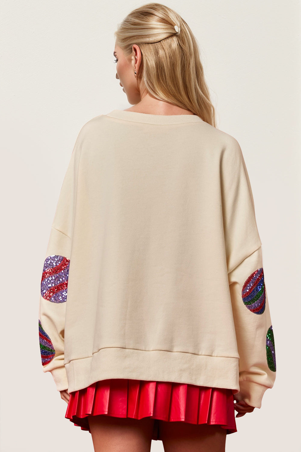 Double Take Christmas Element Sequin Round Neck Long Sleeve Sweatshirt - Fragrance Spice