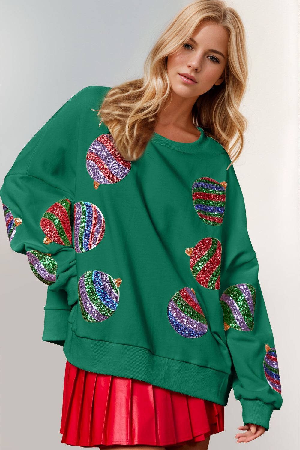 Double Take Christmas Element Sequin Round Neck Long Sleeve Sweatshirt - Fragrance Spice