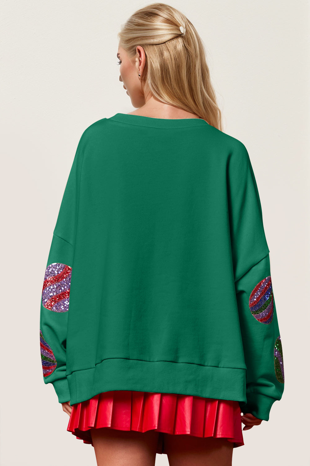 Double Take Christmas Element Sequin Round Neck Long Sleeve Sweatshirt - Fragrance Spice
