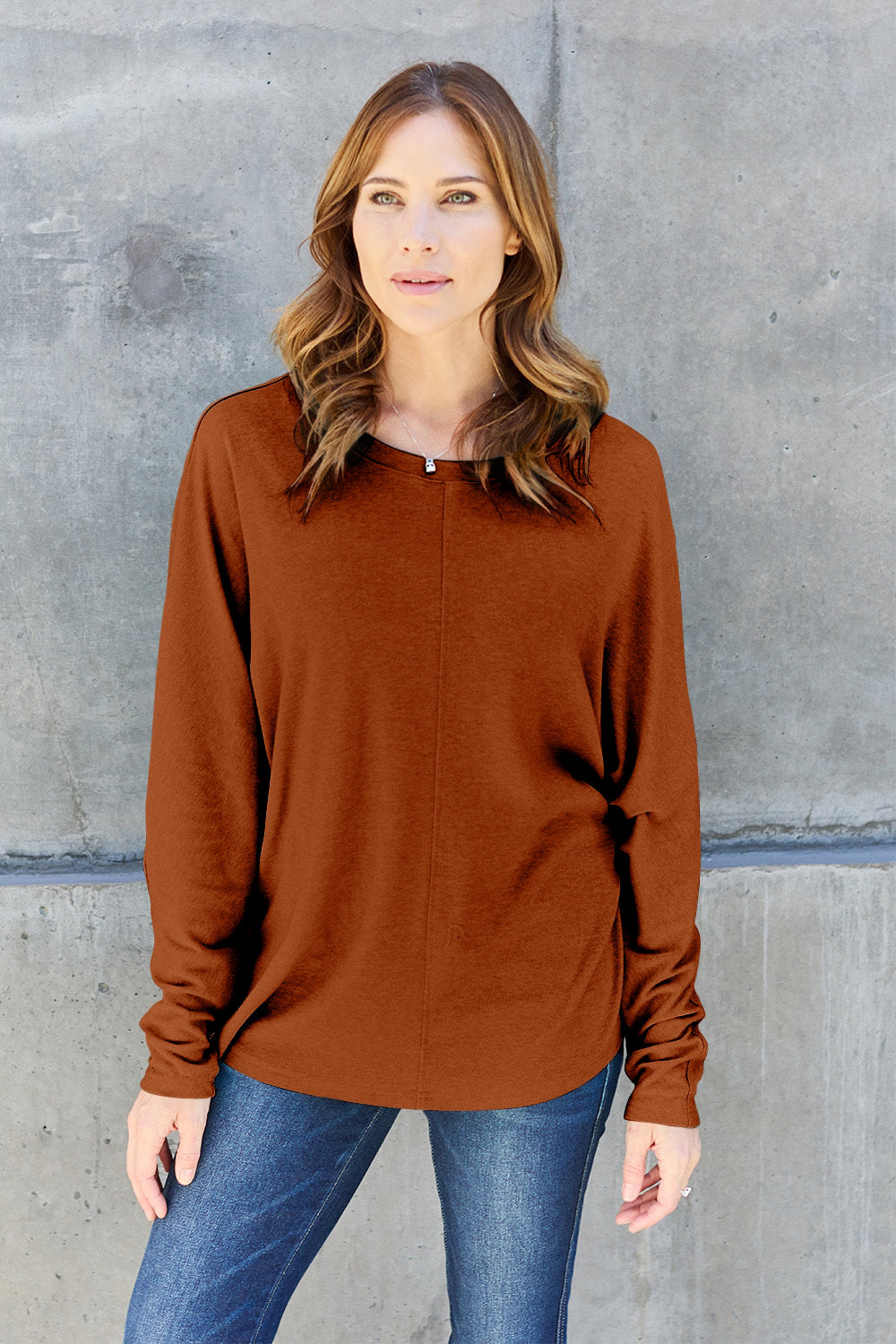 Double Take Full Size Round Neck Long Sleeve T-Shirt - Fragrance Spice