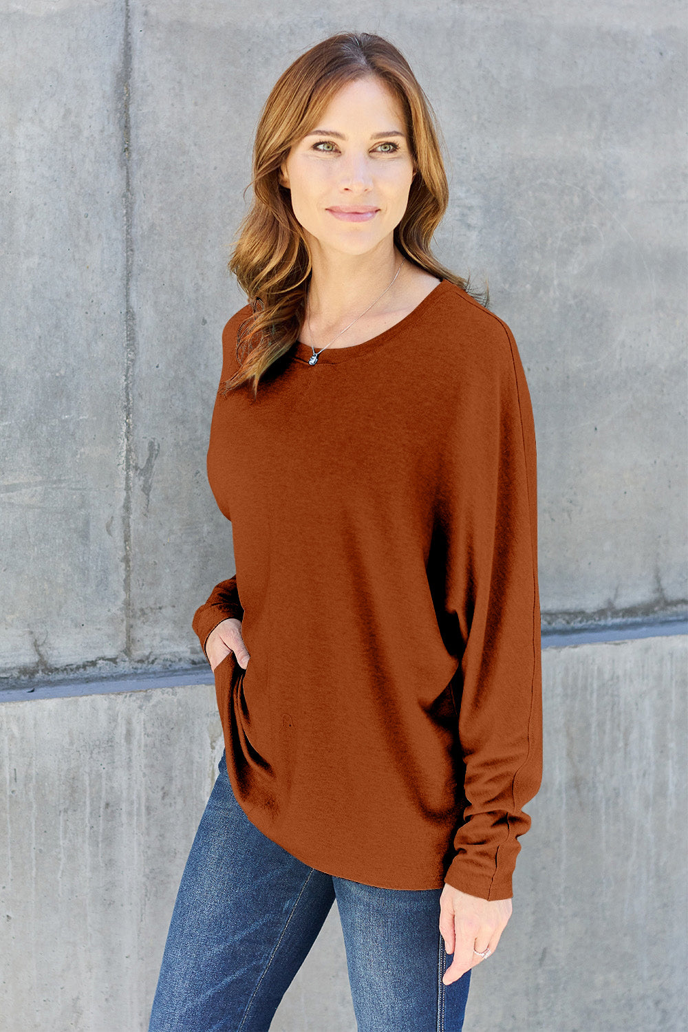 Double Take Full Size Round Neck Long Sleeve T-Shirt - Fragrance Spice