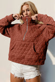 Double Take Half Zip Long Sleeve Quilted Sweatshirt with Pocket - Fragrance Spice