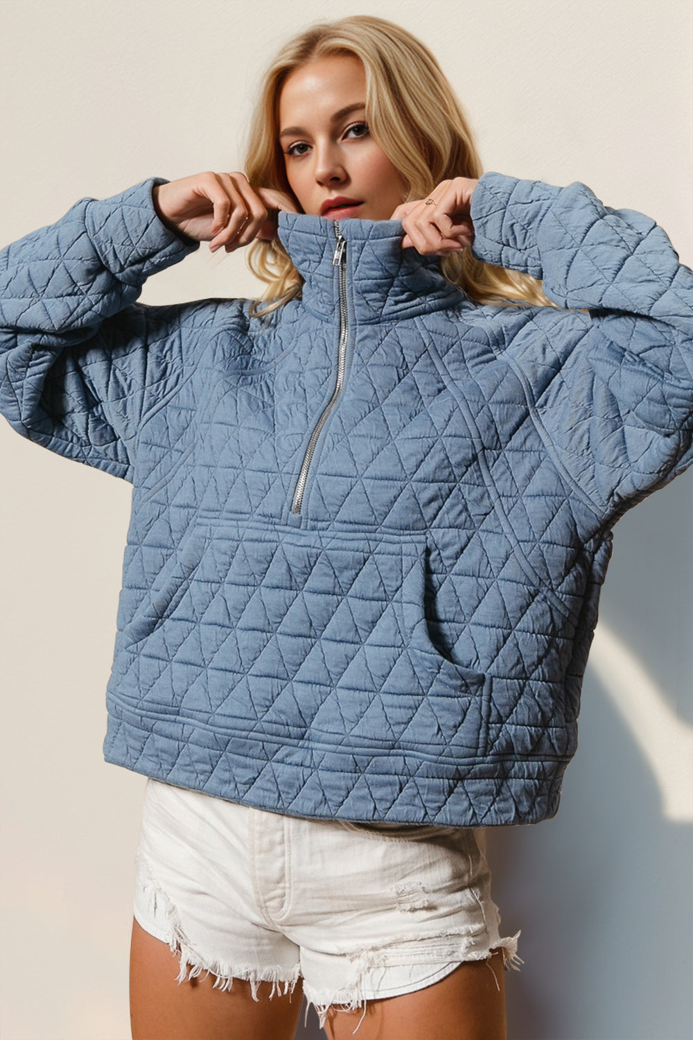 Double Take Half Zip Long Sleeve Quilted Sweatshirt with Pocket - Fragrance Spice