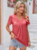 Double Take Ruched V-Neck Short Sleeve T-Shirt - Fragrance Spice