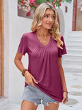 Double Take Ruched V-Neck Short Sleeve T-Shirt - Fragrance Spice