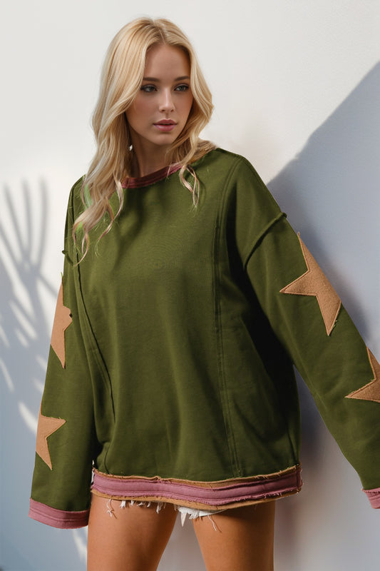 Double Take Star Patched Long Sleeve Sweatshirt - Fragrance Spice