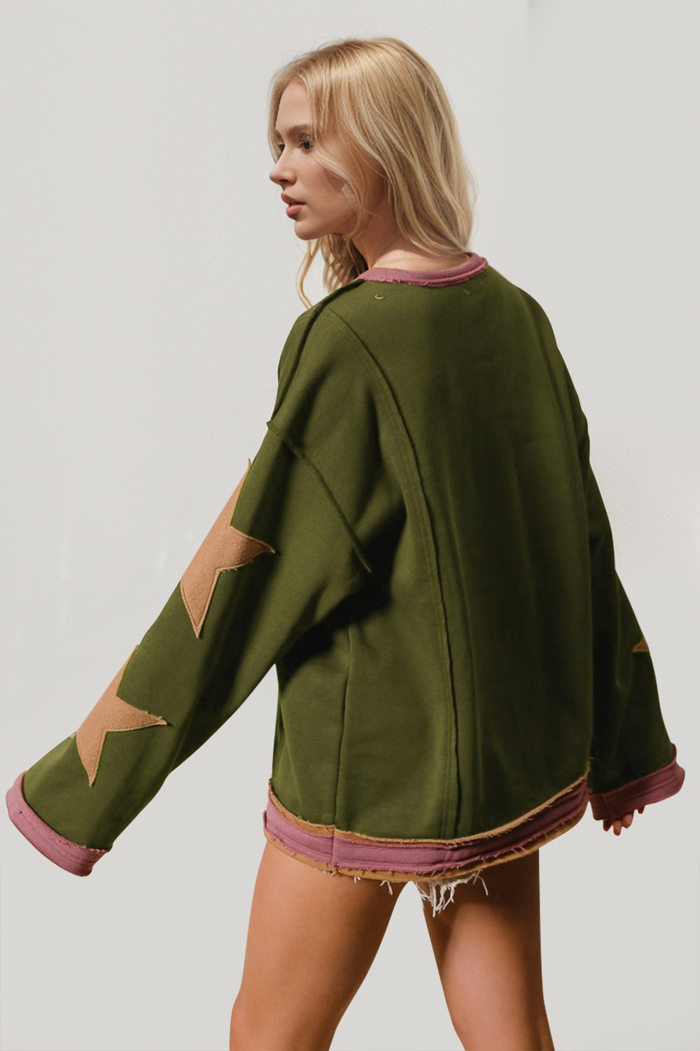 Double Take Star Patched Long Sleeve Sweatshirt - Fragrance Spice