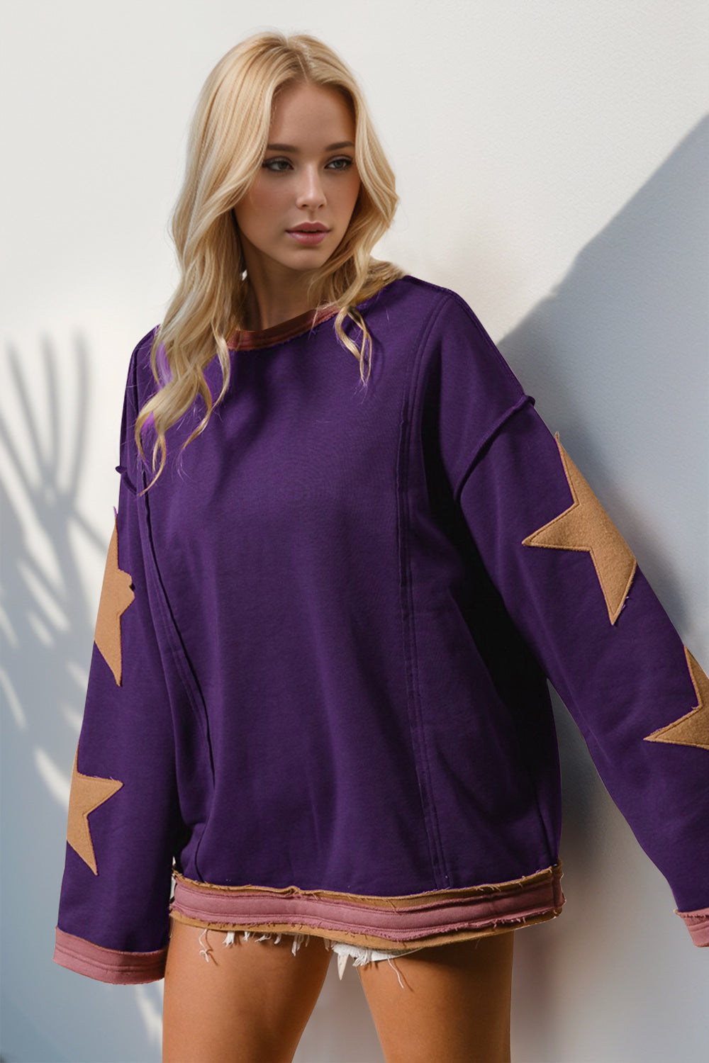 Double Take Star Patched Long Sleeve Sweatshirt - Fragrance Spice