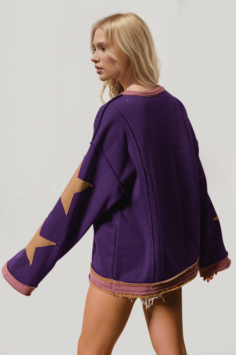 Double Take Star Patched Long Sleeve Sweatshirt - Fragrance Spice