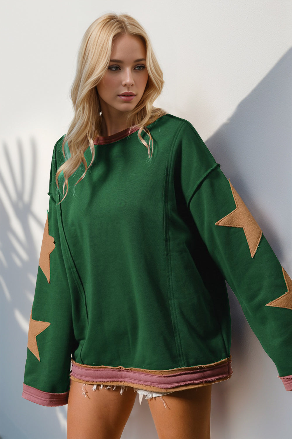 Double Take Star Patched Long Sleeve Sweatshirt - Fragrance Spice