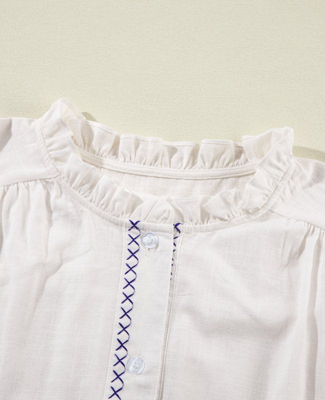 Frill Floral Embroidered Sleeve Shirt - Fragrance Spice