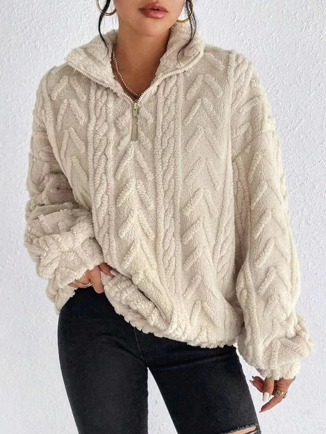 Fuzzy Quarter Zip Long Sleeve Sweatshirt - Fragrance Spice