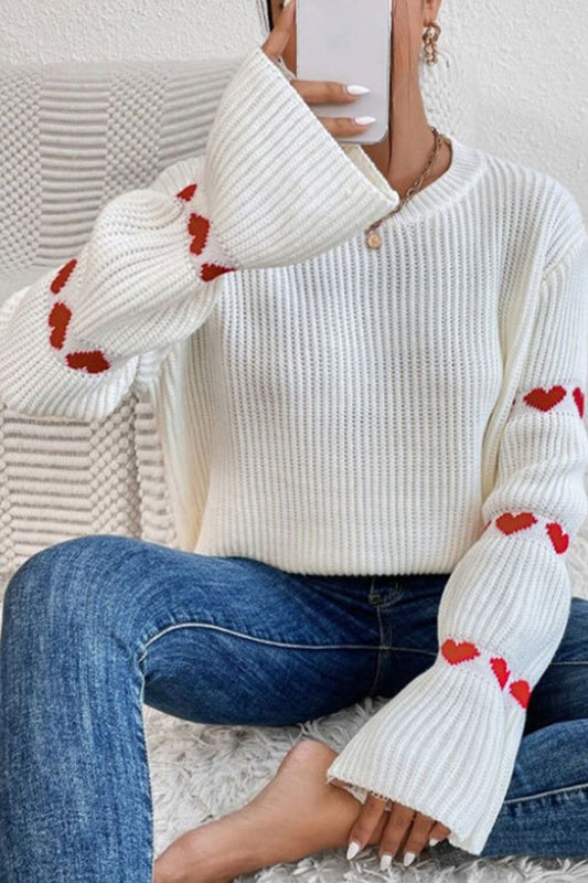 Heart Round Neck Long Sleeve Sweater - Fragrance Spice