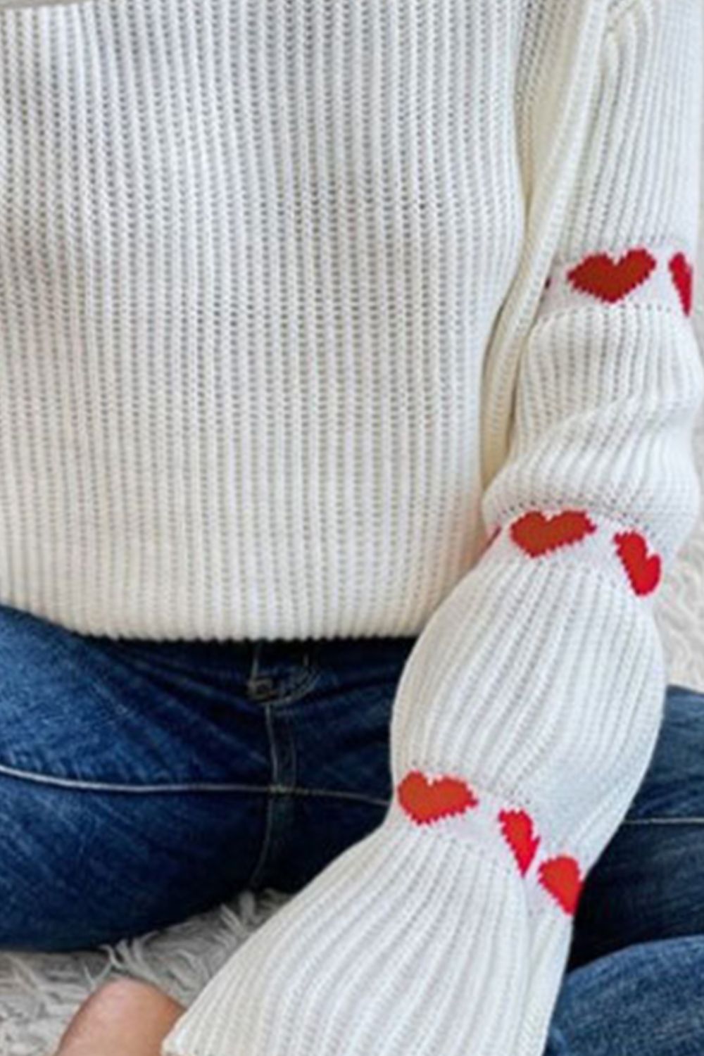 Heart Round Neck Long Sleeve Sweater - Fragrance Spice
