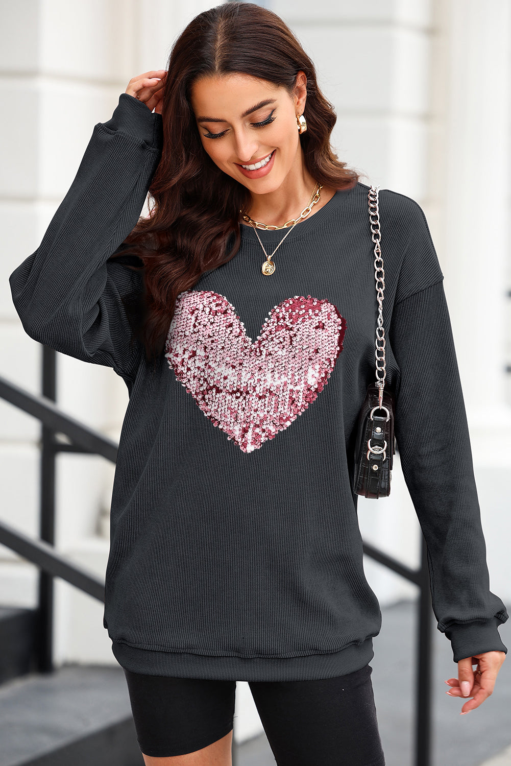 Heart Sequin Round Neck Sweatshirt - Fragrance Spice