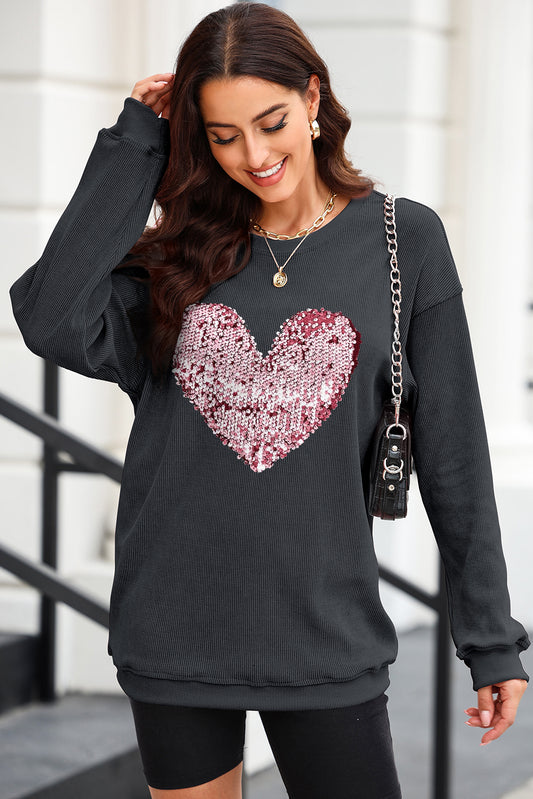 Heart Sequin Round Neck Sweatshirt - Fragrance Spice