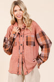 Mittoshop Button Down Contrast Plaid Patchwork Shacket - Fragrance Spice