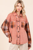 Mittoshop Button Down Contrast Plaid Patchwork Shacket - Fragrance Spice