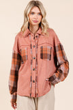 Mittoshop Button Down Contrast Plaid Patchwork Shacket - Fragrance Spice