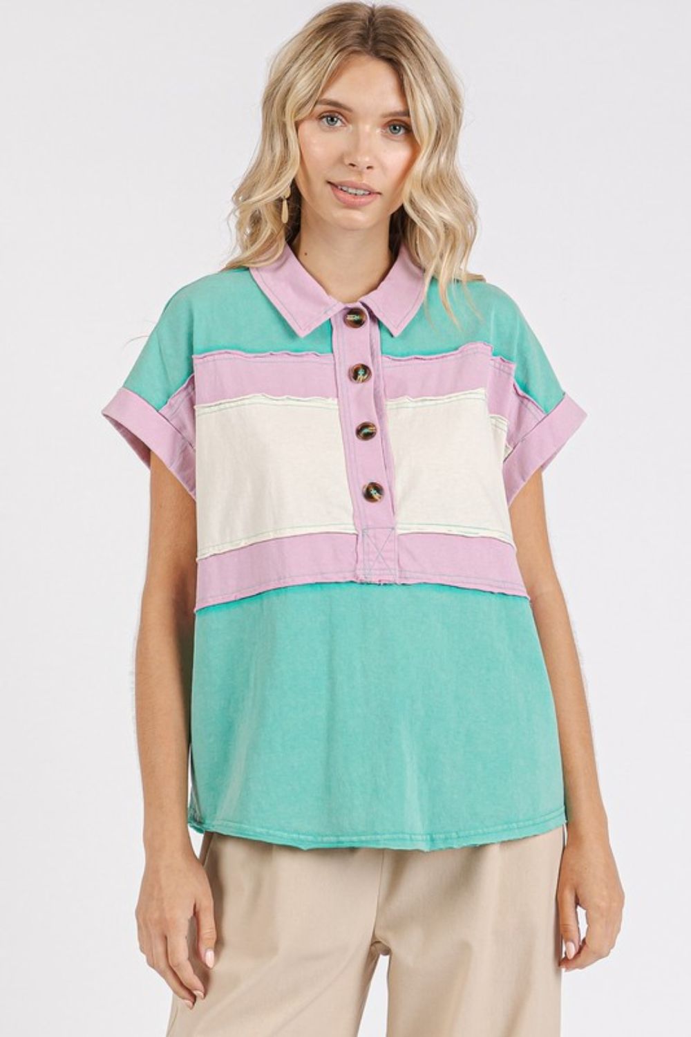 Mittoshop Color Block Henley Short Sleeve Polo Shirt - Fragrance Spice