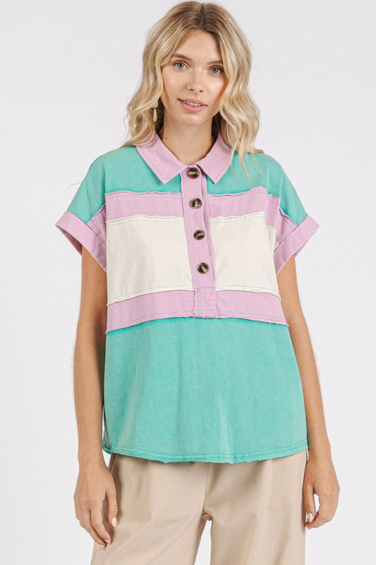 Mittoshop Color Block Henley Short Sleeve Polo Shirt - Fragrance Spice