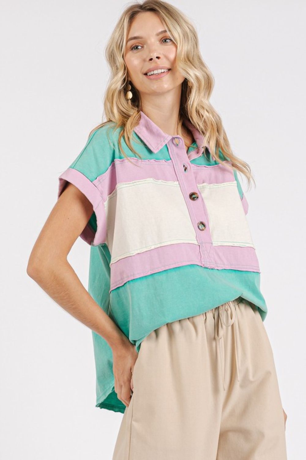 Mittoshop Color Block Henley Short Sleeve Polo Shirt - Fragrance Spice