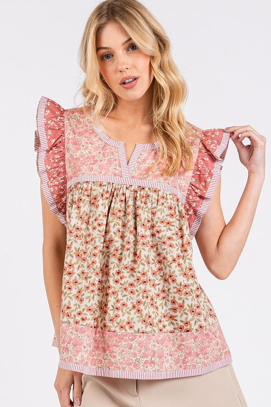 Mittoshop Floral Notched Ruffled Cap Sleeve Blouse - Fragrance Spice