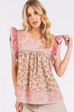 Mittoshop Floral Notched Ruffled Cap Sleeve Blouse - Fragrance Spice