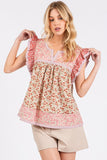 Mittoshop Floral Notched Ruffled Cap Sleeve Blouse - Fragrance Spice