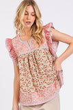 Mittoshop Floral Notched Ruffled Cap Sleeve Blouse - Fragrance Spice