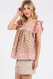 Mittoshop Floral Notched Ruffled Cap Sleeve Blouse - Fragrance Spice