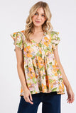 Mittoshop Floral V-Neck Ruffled Cap Sleeve Blouse - Fragrance Spice