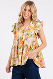 Mittoshop Floral V-Neck Ruffled Cap Sleeve Blouse - Fragrance Spice