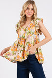 Mittoshop Floral V-Neck Ruffled Cap Sleeve Blouse - Fragrance Spice
