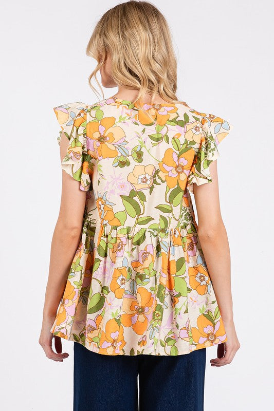 Mittoshop Floral V-Neck Ruffled Cap Sleeve Blouse - Fragrance Spice