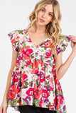 Mittoshop Floral V-Neck Ruffled Cap Sleeve Blouse - Fragrance Spice