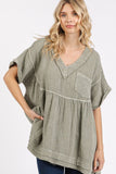Mittoshop Mineral Wash Gauze Babydoll V-Neck Oversized Blouse - Fragrance Spice