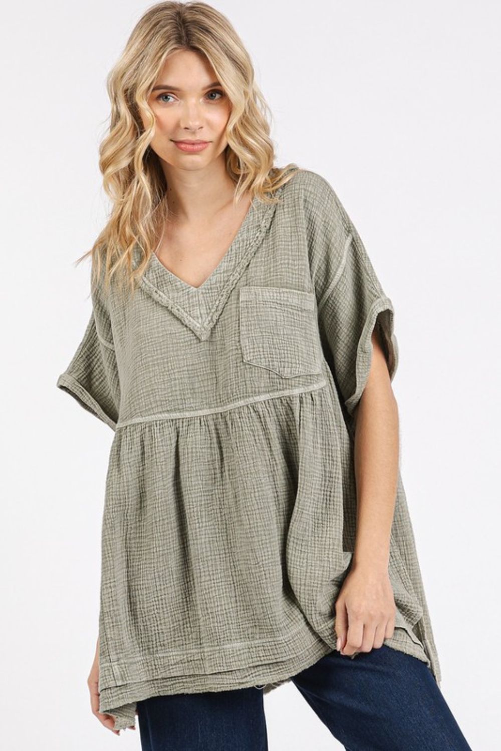 Mittoshop Mineral Wash Gauze Babydoll V-Neck Oversized Blouse - Fragrance Spice