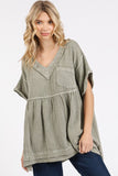 Mittoshop Mineral Wash Gauze Babydoll V-Neck Oversized Blouse - Fragrance Spice