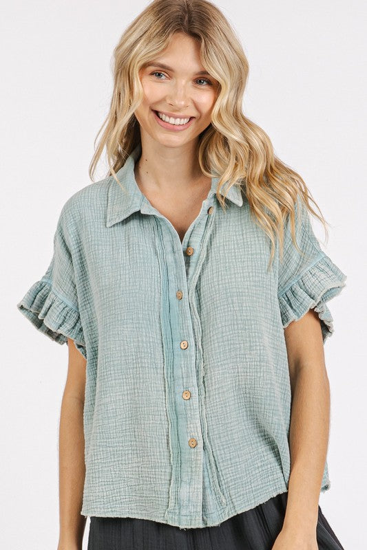 Mittoshop Mineral Washed Button Down Flounce Sleeve Shirt - Fragrance Spice
