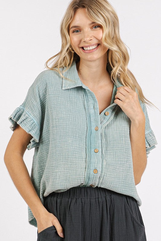 Mittoshop Mineral Washed Button Down Flounce Sleeve Shirt - Fragrance Spice