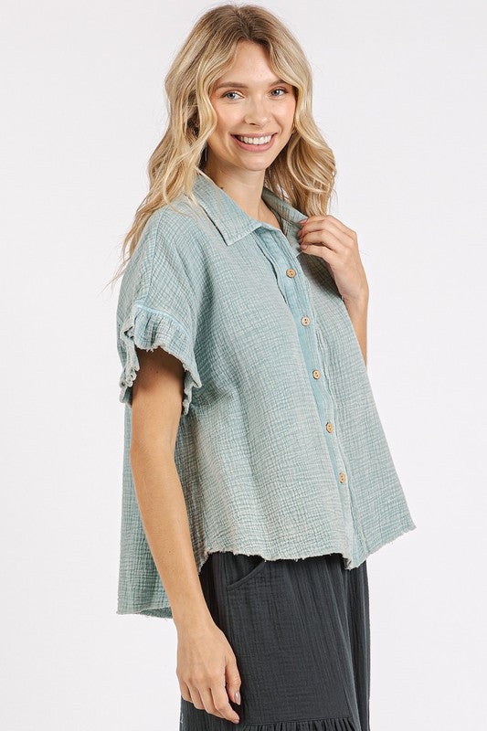Mittoshop Mineral Washed Button Down Flounce Sleeve Shirt - Fragrance Spice