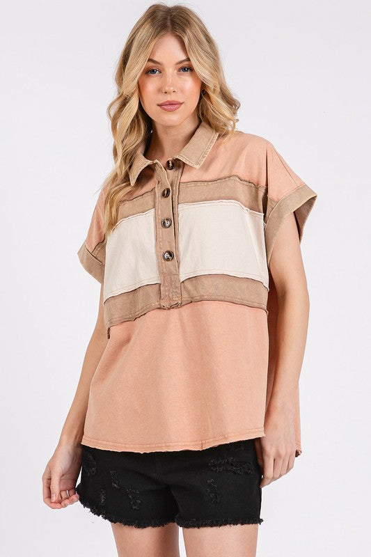 Mittoshop Mineral Washed Half Button Polo Top - Fragrance Spice