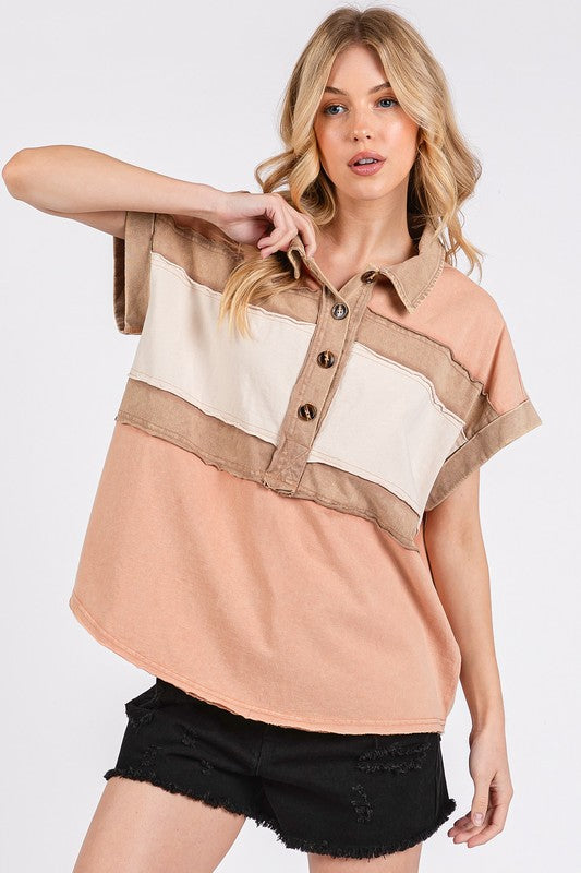 Mittoshop Mineral Washed Half Button Polo Top - Fragrance Spice
