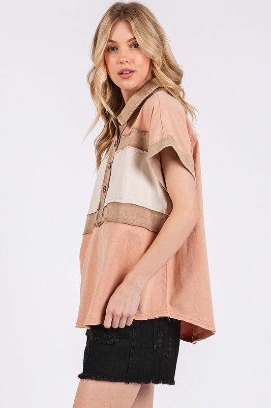 Mittoshop Mineral Washed Half Button Polo Top - Fragrance Spice