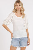 Mittoshop Mixed Media Textured Knit Popcorn Puff Sleeve Blouse - Fragrance Spice