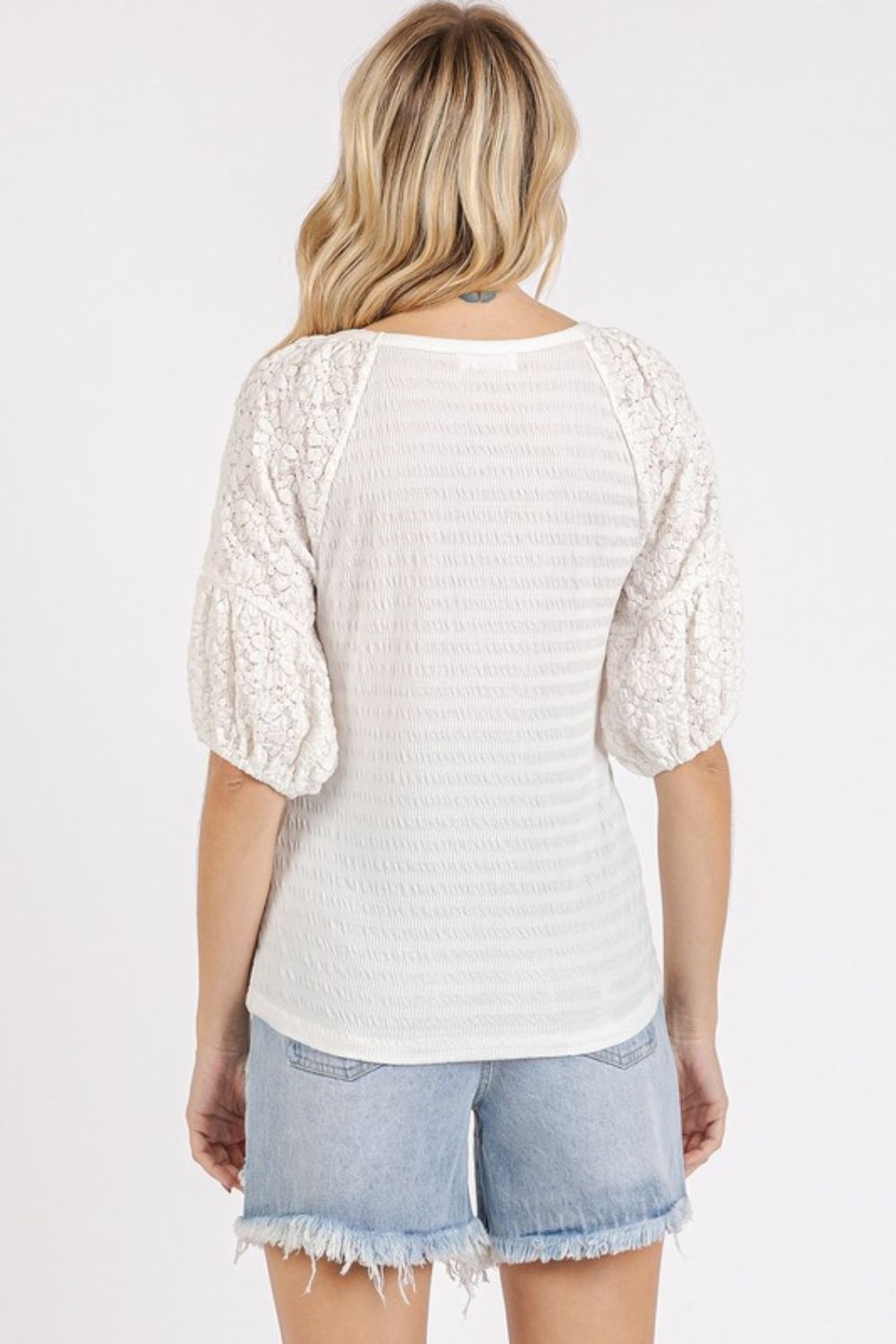 Mittoshop Mixed Media Textured Knit Popcorn Puff Sleeve Blouse - Fragrance Spice