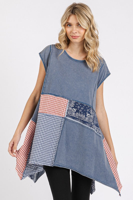 Mittoshop Patchwork Mineral Washed Round Neck Cap Sleeve Top - Fragrance Spice
