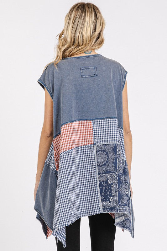 Mittoshop Patchwork Mineral Washed Round Neck Cap Sleeve Top - Fragrance Spice